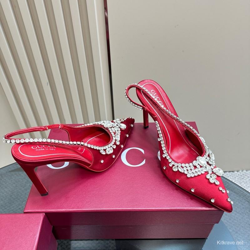 2025 Women Gucci Red Satin High Heel Slingback Crystal MJ00340