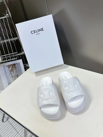 2025 Women Celine White Leather Slippers LY00240
