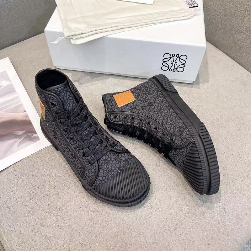 2025 Women Loewe Black Fabric Leather High-Top Sneakers LY00291