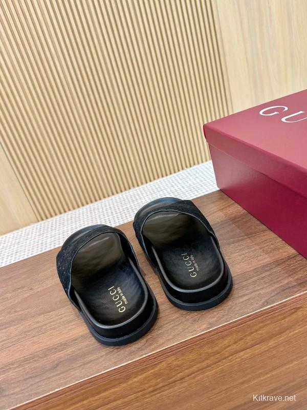 2025 Women Gucci Black Suede Leather Slippers