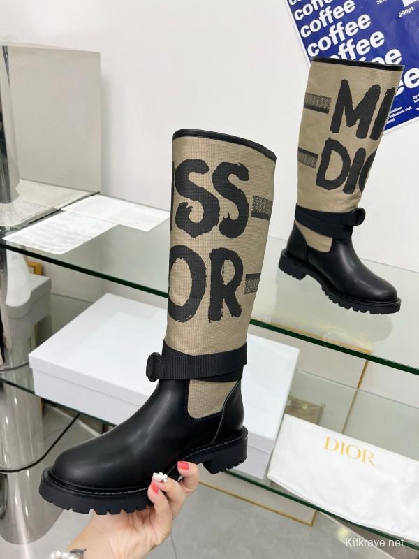 2024 Women Dior black beige leather canvas boots MJ00350