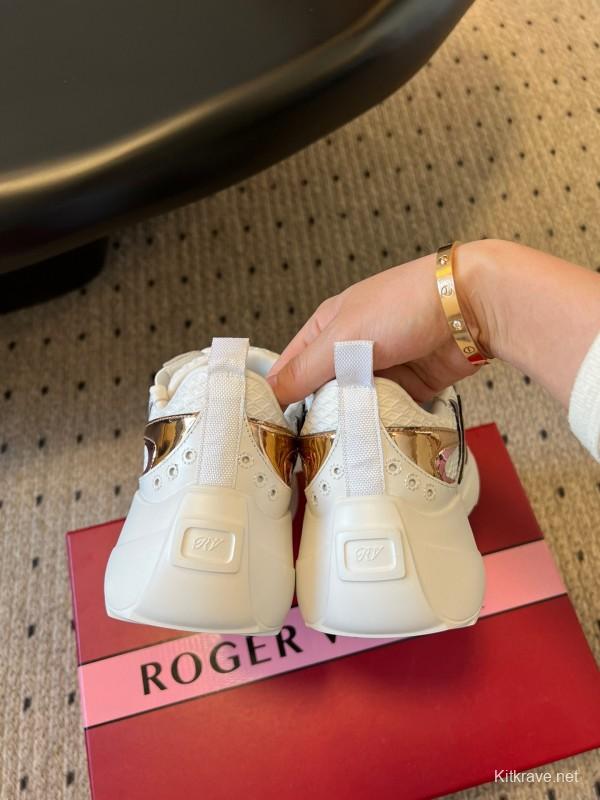 2025 Women Roger Vivier White Pink Leather Mesh Sneakers KFY00380
