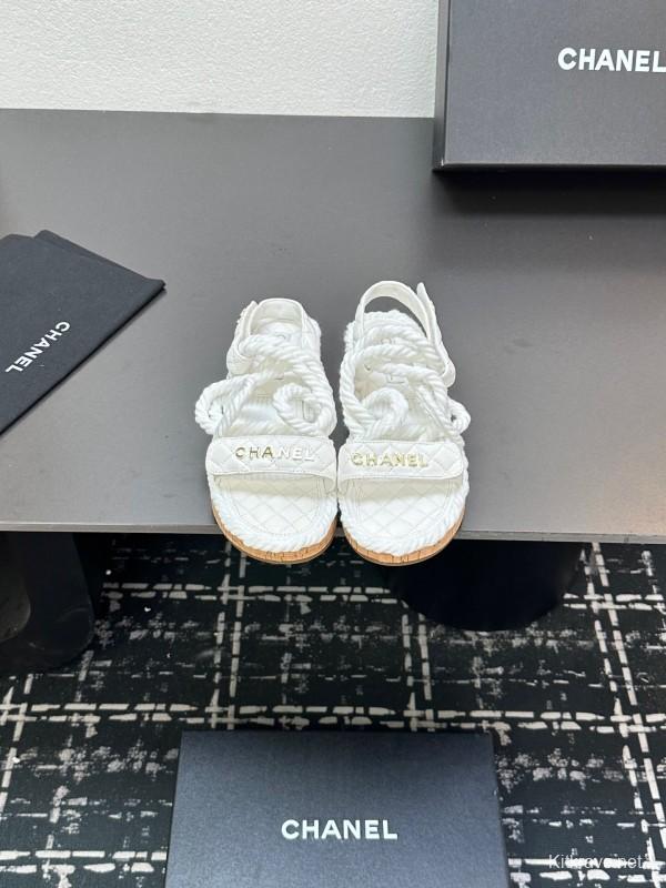 2025 Women Chanel White Leather Roped Espadrille Sandals LY00260
