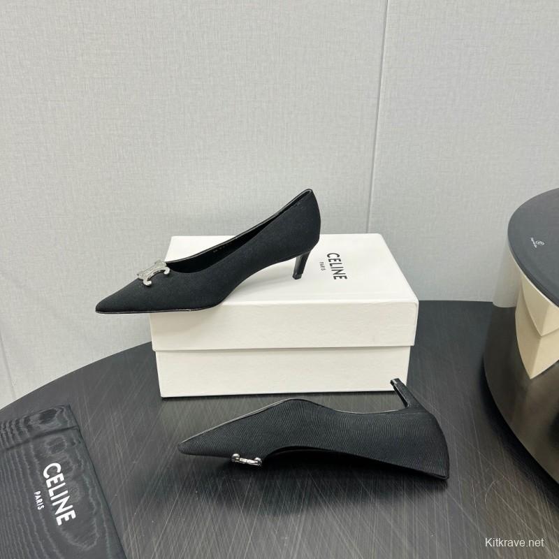 2025 Women Celine Black Fabric Pointed Toe Metal Buckle Pumps