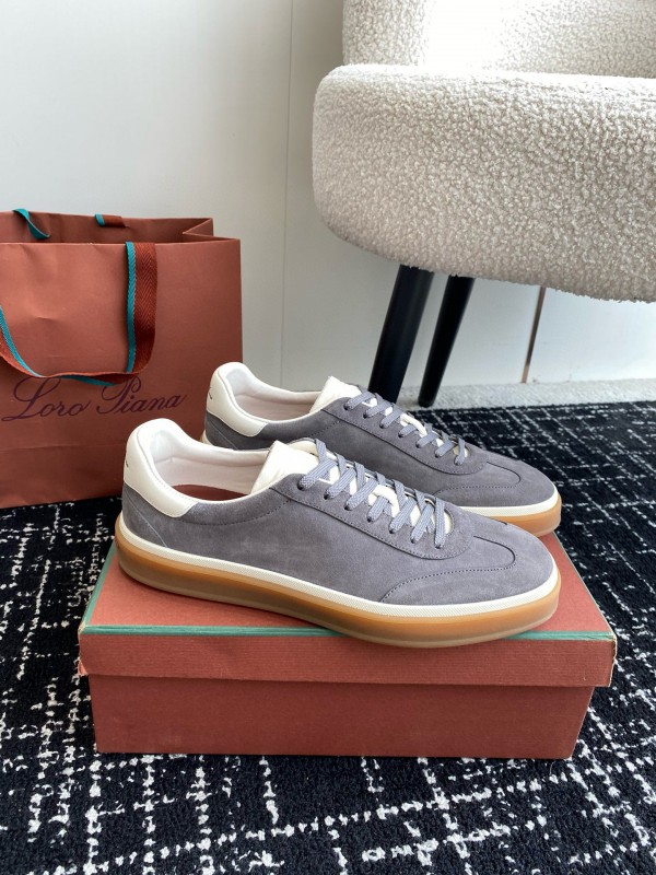 2024 Unisex Loro Piana Grey Suede Calf Leather Trainers MJ00320