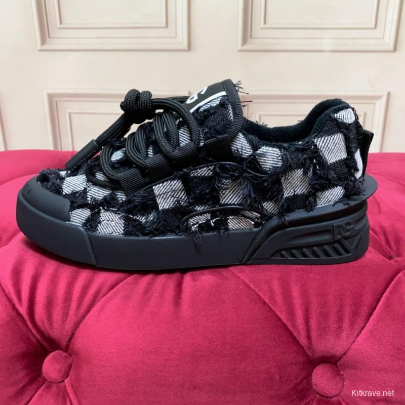 2024 Unisex Dolce & Gabbana Black White Wool Leather Sneakers MJ00340