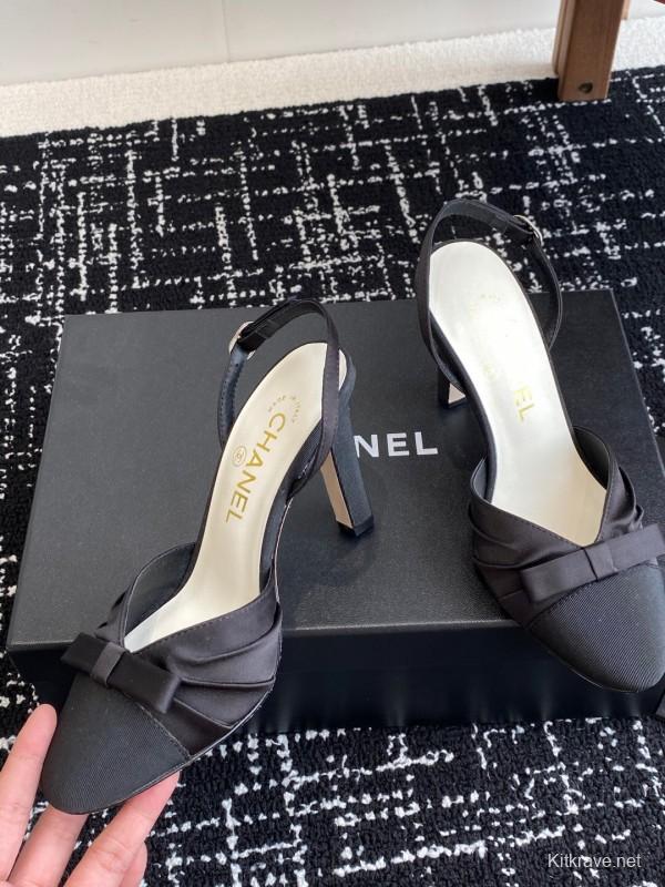 2025 Women Chanel Black Satin Leather High Heels Bow Slingback KFY00289