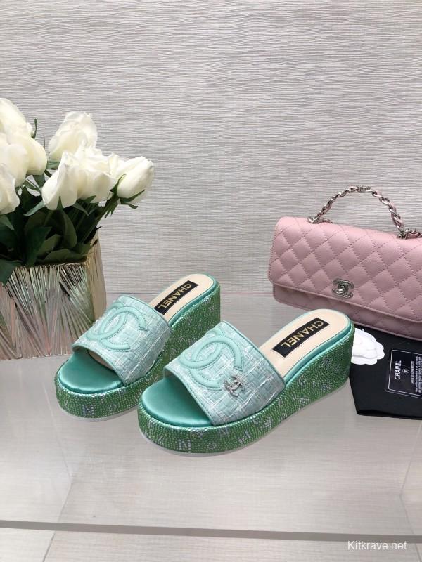 2025 Women Chanel Green Turquoise Tweed Platform Slippers LY00320