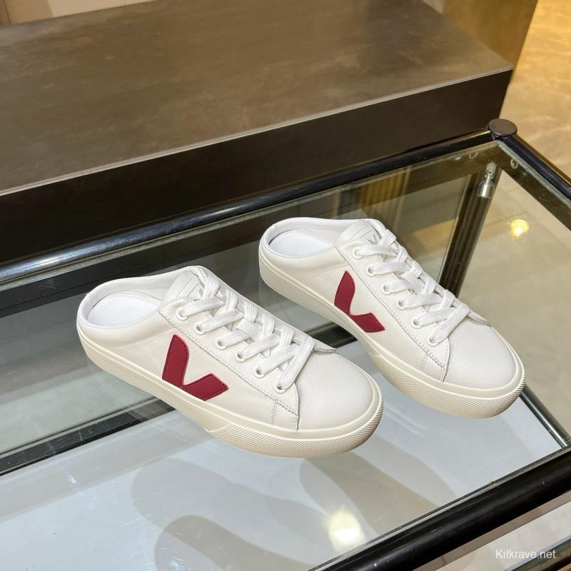 2025 Women VEJA White Burgundy Canvas Leather Slip-On Sneakers