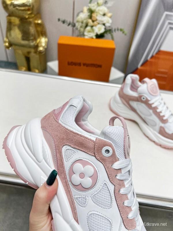 2025 Women Louis Vuitton White Pink Suede Mesh Sneakers LY00340