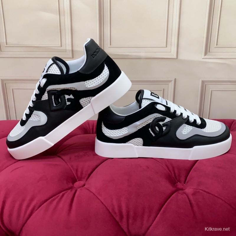 2025 Unisex Dolce & Gabbana Black White Mesh Leather Sneakers