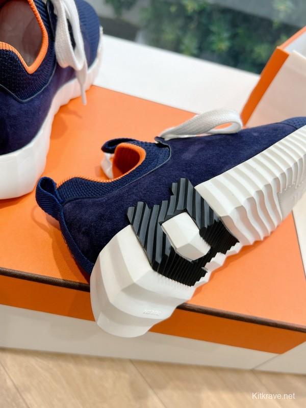 2024 Unisex Hermès Navy Brown Calfskin Suede Knit Sneakers MJ00290