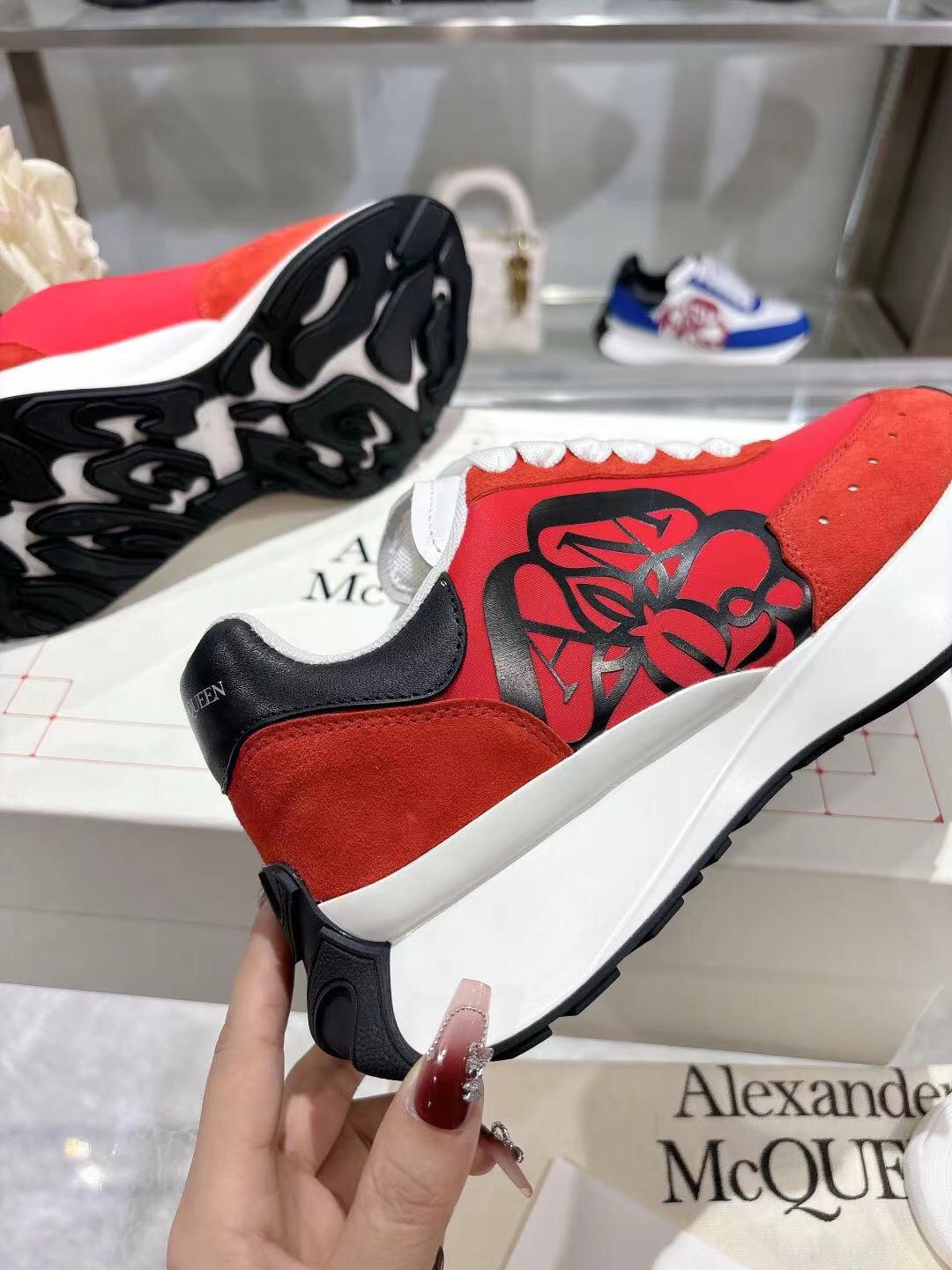 2025 Women Alexander McQueen Red Black Leather Suede Sneakers LY00340