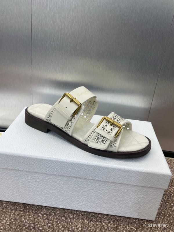 2025 Women Dior White Calfskin Leather Slippers CD Logo Buckle KFY00300