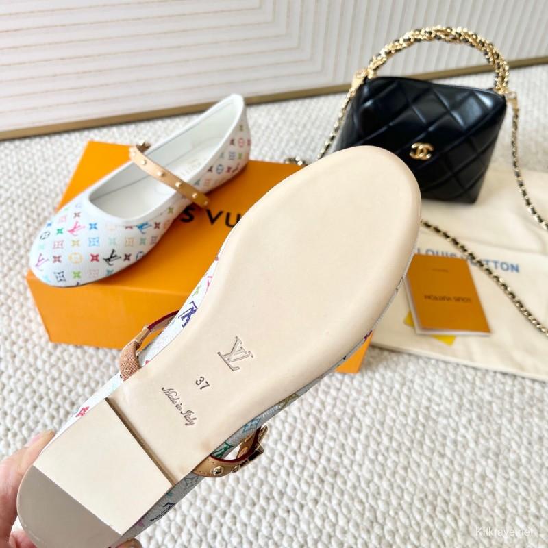 2025 Women Louis Vuitton White Multicolor Leather Ballet Flat