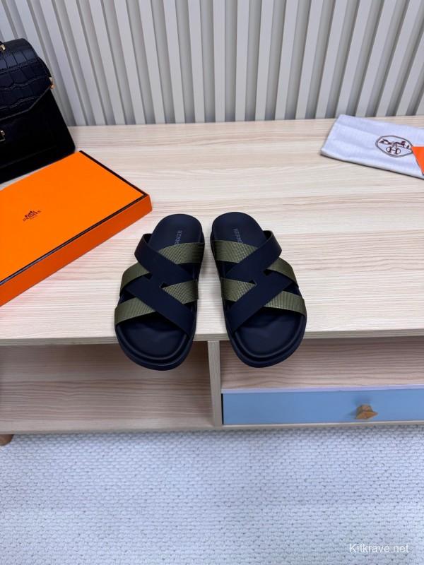 2025 Men Hermès Black Green Fabric Leather Slippers