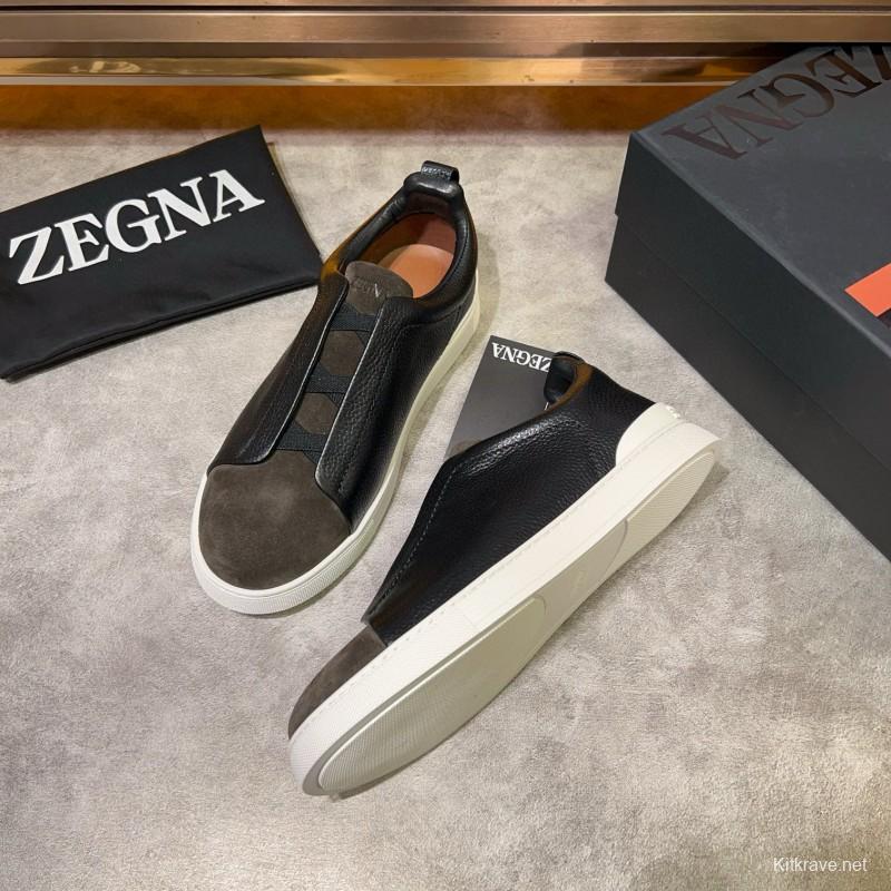 2024 Men Ermenegildo Zegna Black Brown Leather Suede Sneakers