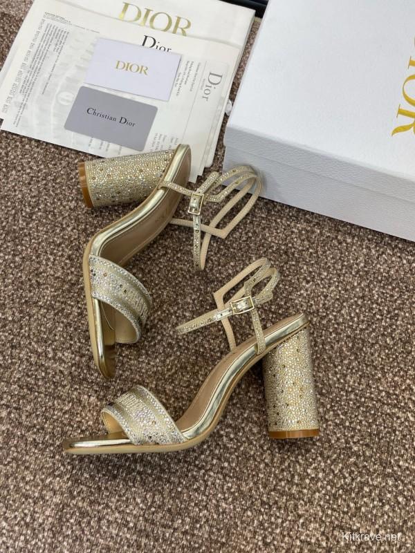 2025 Women Dior Gold Crystal Embellished Leather Sandals KFY00320