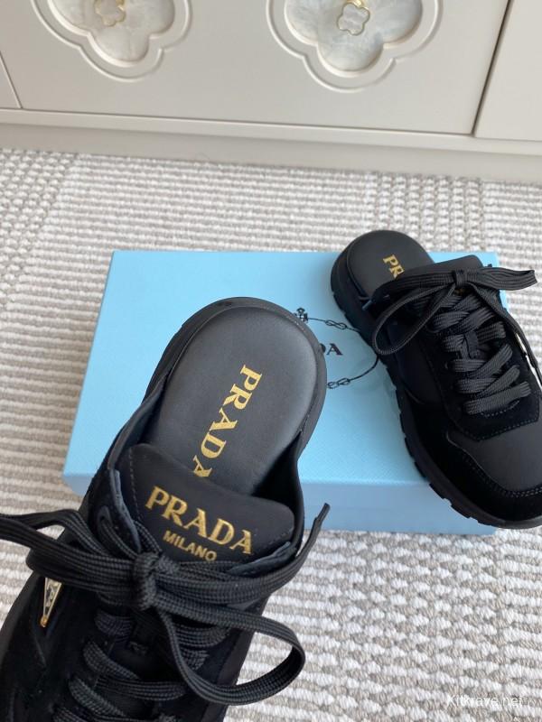 2025 Women Prada Black Nylon Leather Sneakers LY00290