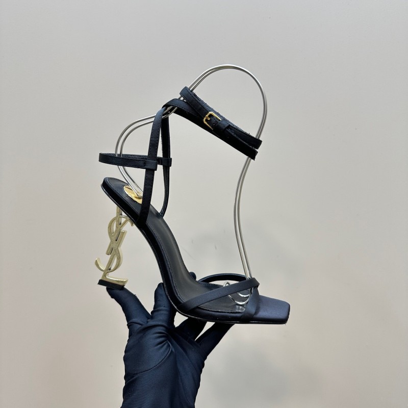 2025 Women Yves Saint Laurent Black Satin High Heel Sandals KFY00290