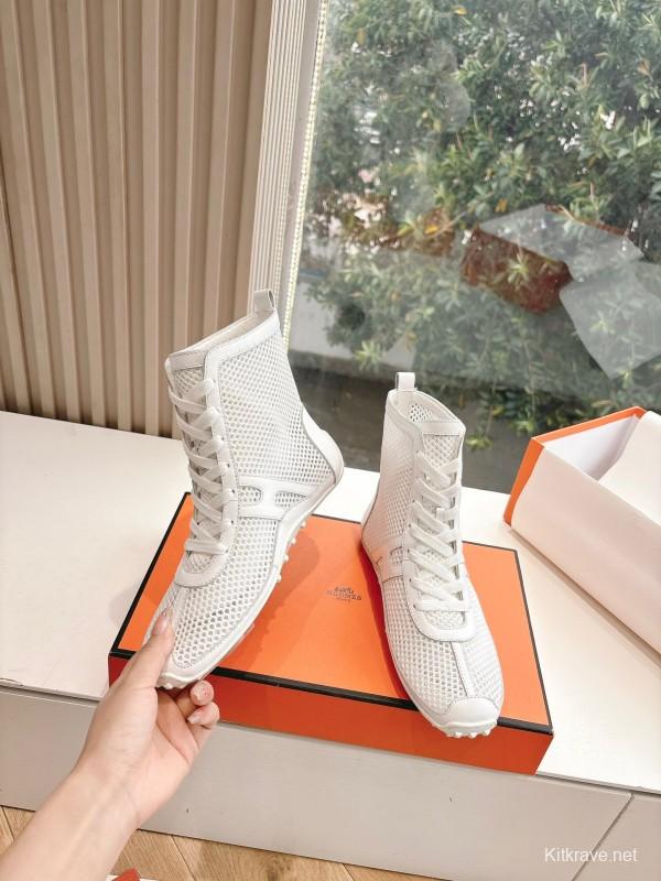 2025 Women Hermès White Leather Mesh Ankle Boots