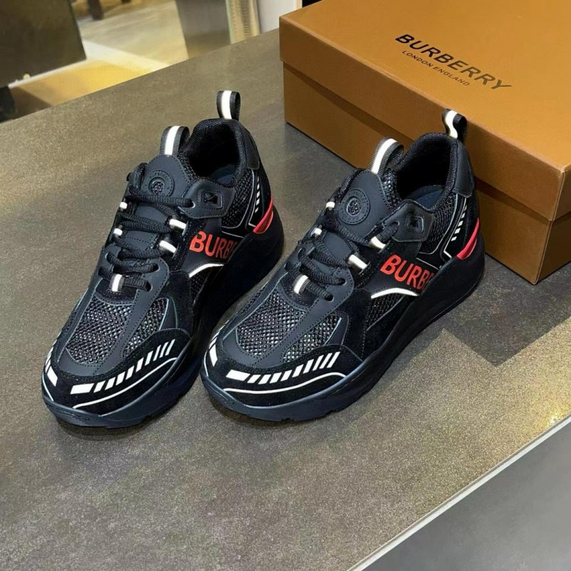 2025 Unisex Burberry Black Red Mesh Suede Leather Sneakers
