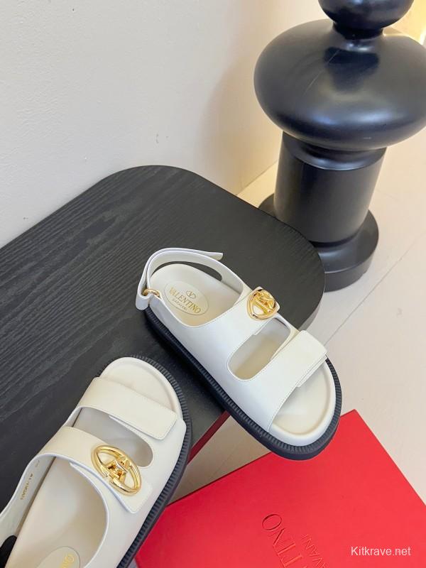 2025 Women Valentino White Leather Sandals V Buckle KFY00320