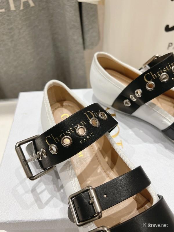 2025 Women Dior White Black Leather Mary Jane Buckle KFY00300