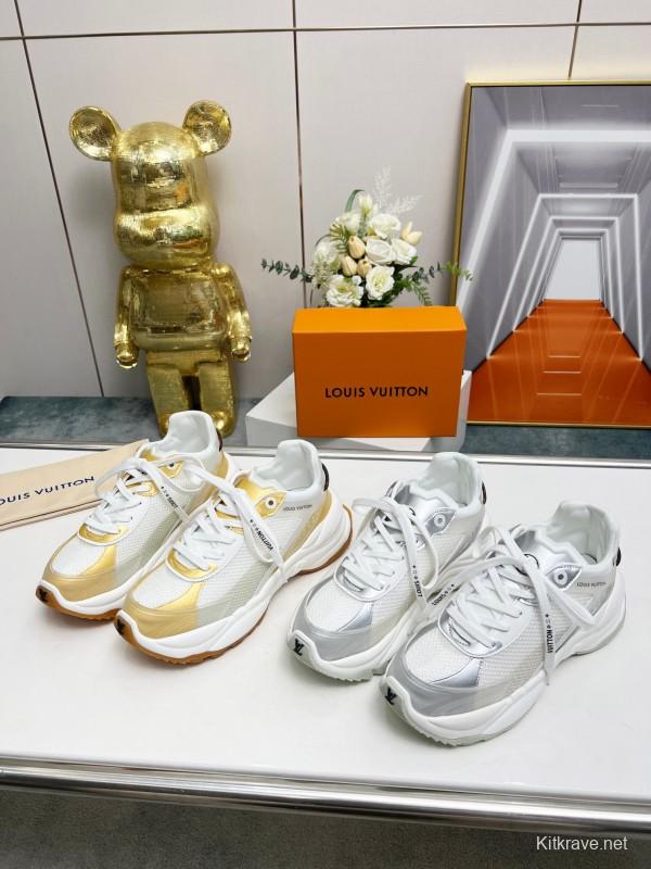 2025 Women Louis Vuitton White Gold Mesh Leather Sneakers LY00340