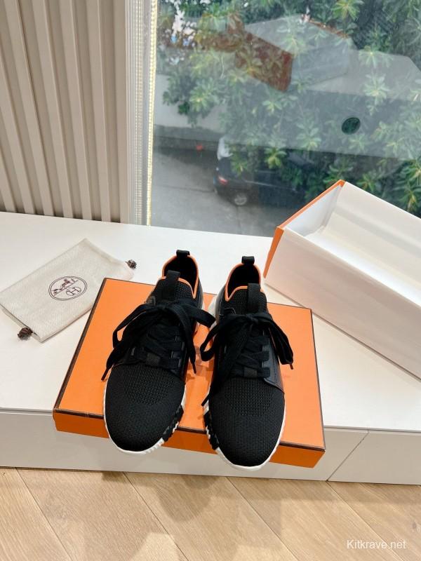 2024 Unisex Hermès Black Orange Knit Sneakers