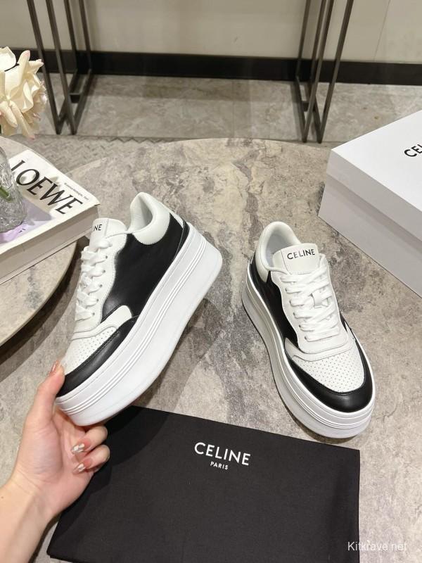2025 Women Celine Black White Leather Platform Sneakers KFY00330