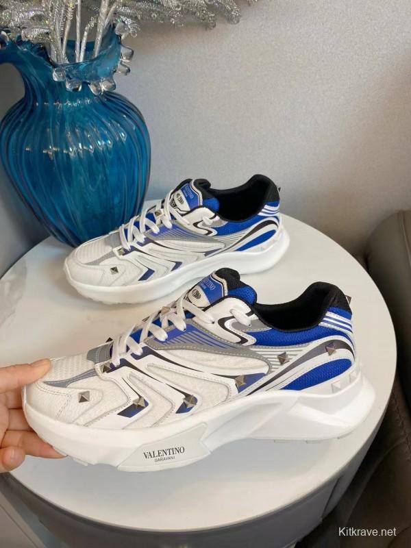 2024 Unisex Valentino Blue White Grey Mesh Leather Sneakers MJ00410
