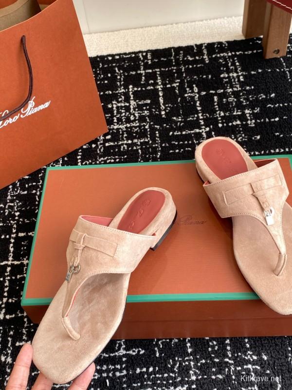 2025 Women Le Parmentier Beige Suede Thong Sandals KFY00280