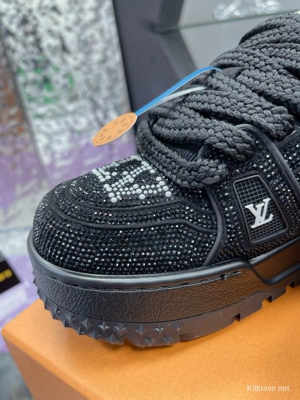 2024 Kids Louis Vuitton Black Rhinestone Fabric LV Trainer