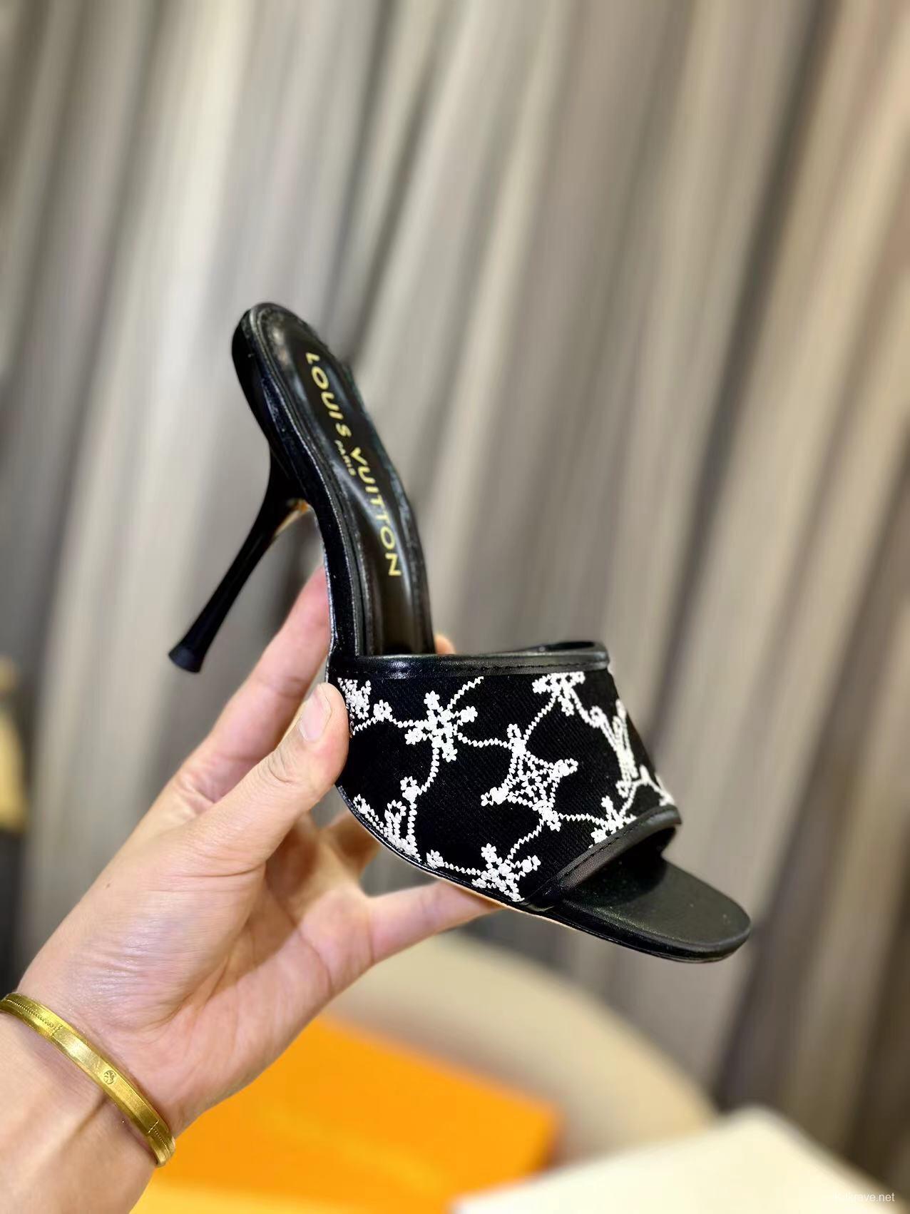 2025 Women Louis Vuitton Black White Embroidered Leather High Heel LY00250