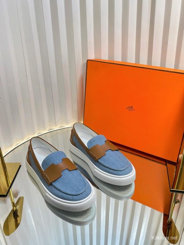 2025 Women Hermès Blue Brown Leather Canvas Loafer LY00310