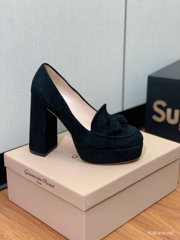 2025 Women Gianvito Rossi Black Suede Platform Tassel Loafer KFY00330