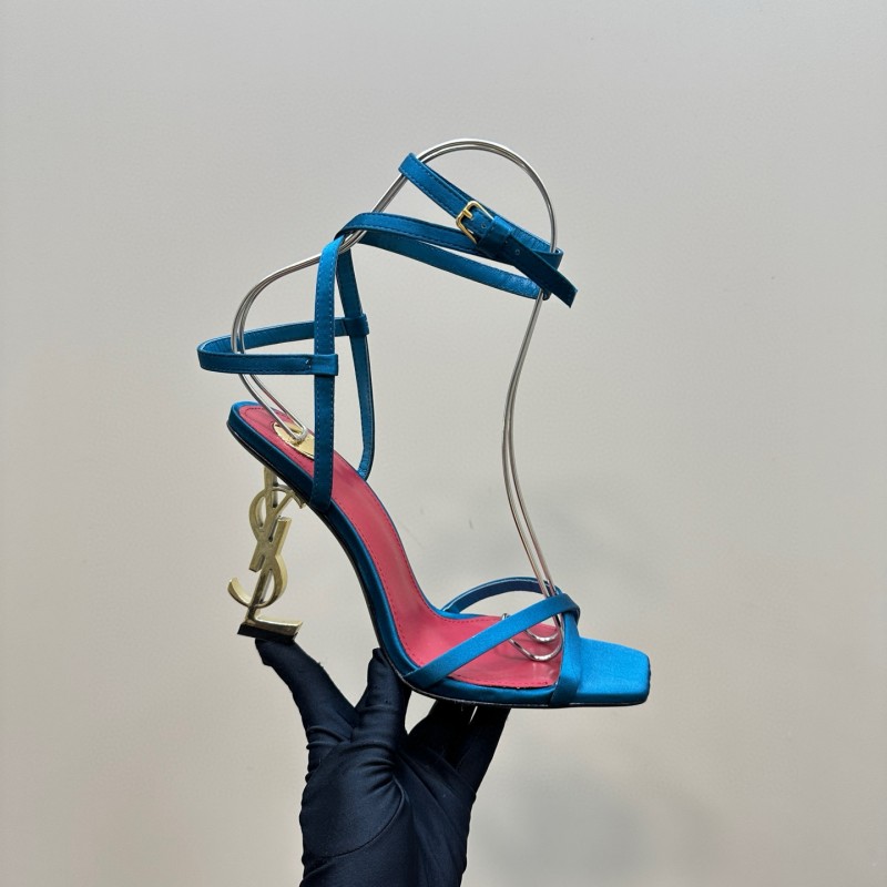 2025 Women Yves Saint Laurent Blue Satin Heeled Sandals MJ00290