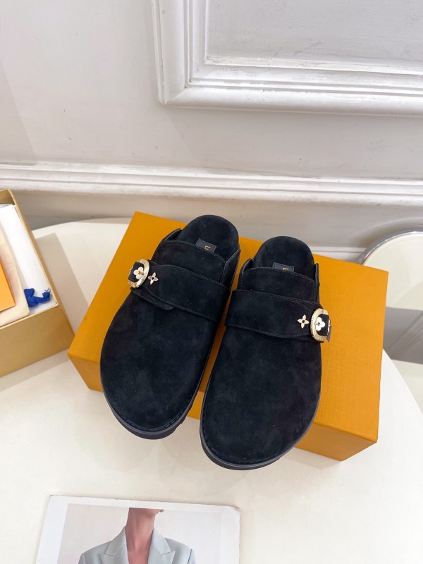 2025 Women Louis Vuitton Black Suede Mule Slip-On KFY00300