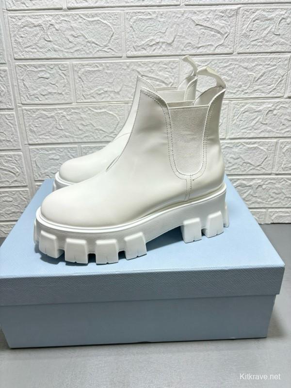 2024 Women Prada White Leather Chelsea Boots MJ00380