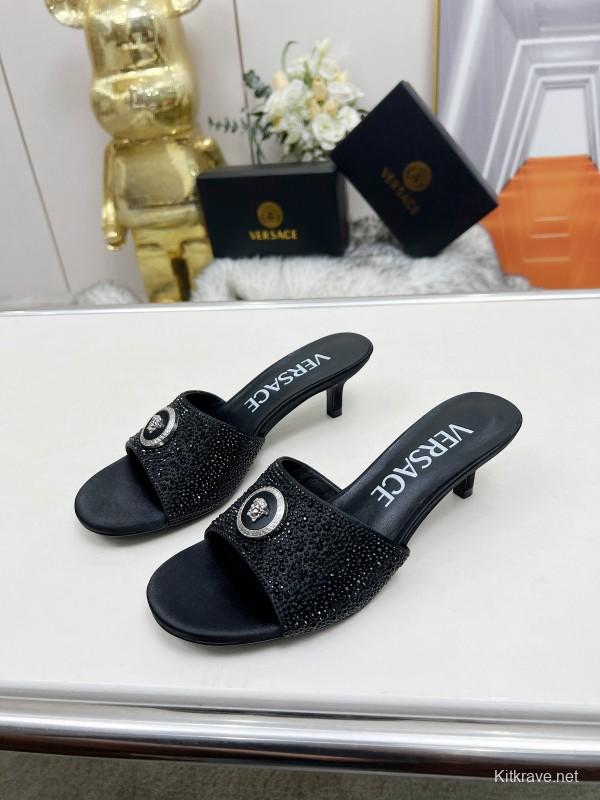 2025 Women VERSACE Black Silk Rhinestone Square Toe Sandals MJ00230