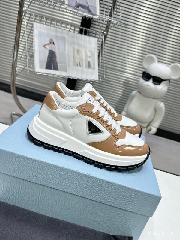 2025 Women Prada White Brown Leather Sneakers