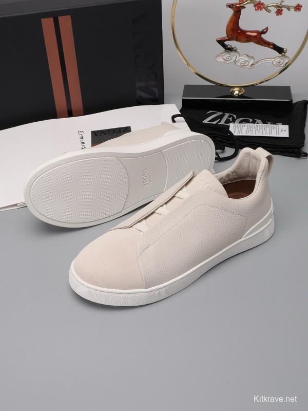 2024 Unisex Ermenegildo Zegna White Leather Suede Sneakers MJ00240