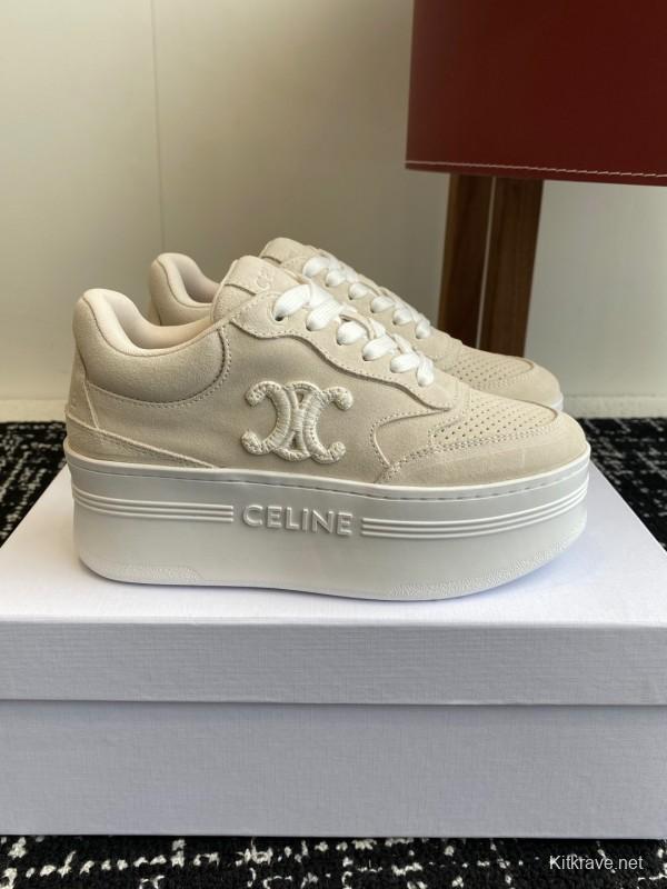 2025 Women Celine Beige Suede Platform Sneakers KFY00320