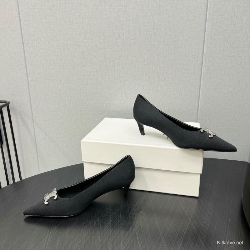 2025 Women Celine Black Fabric Pointed Toe Metal Buckle Pumps