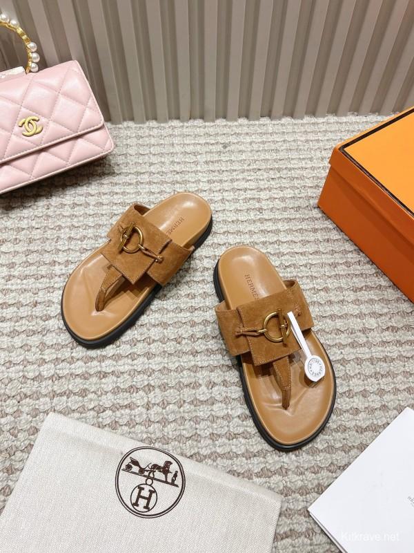 2025 Slippers Hermès Brown Suede Leather Casual LY00350