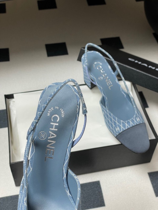 2025 Women Chanel Light Blue Denim Leather Sling-back Heels