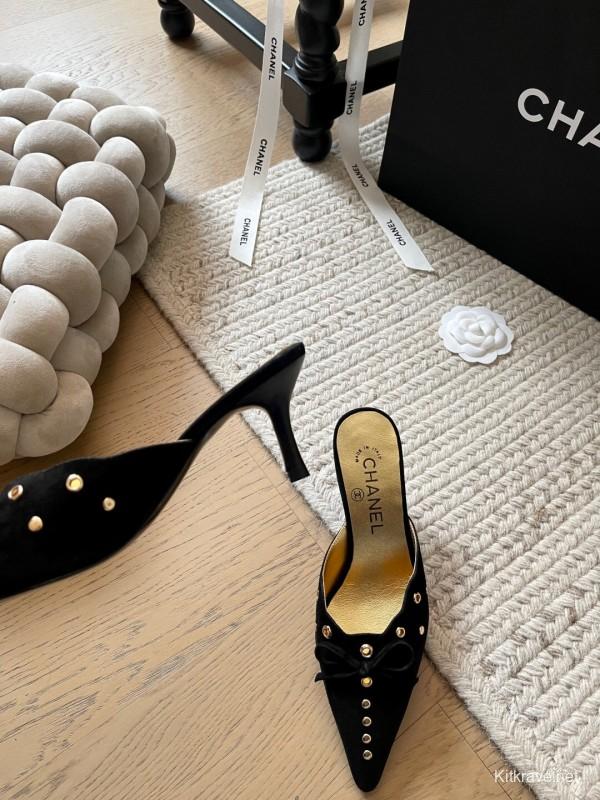2025 Women Chanel Black Suede Pointed Toe Studded Mules