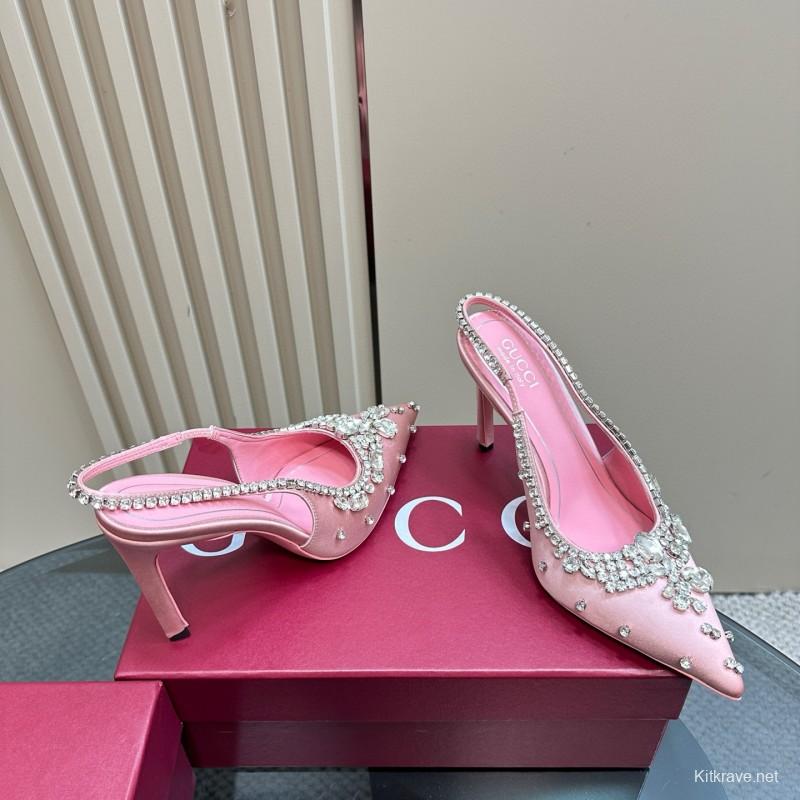 2025 Women Gucci Pink Silk Slingback High Heel Crystal MJ00340