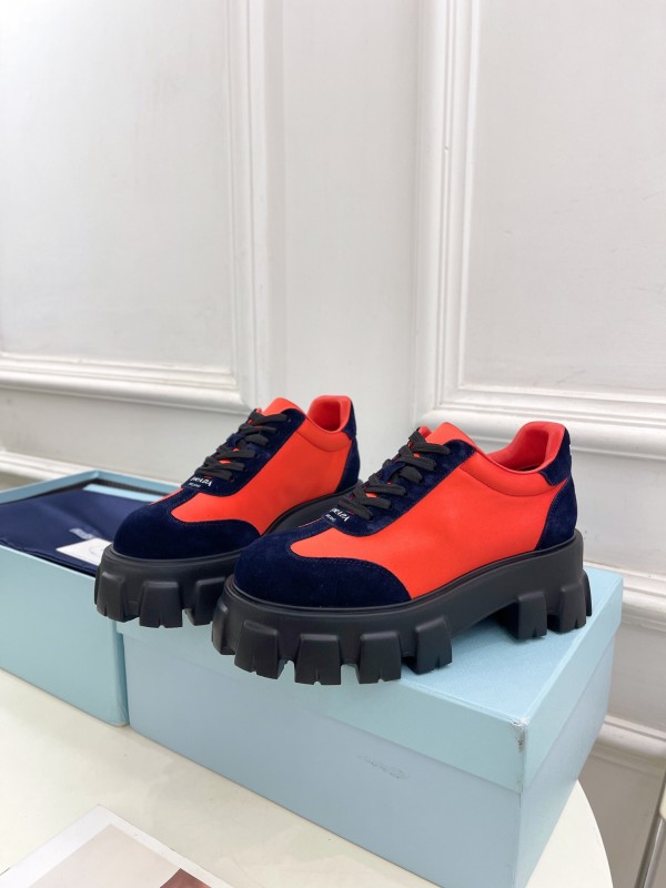 2025 Unisex Prada Red Navy Suede Silk Sneakers KFY00310(F)/KFY00330(M)